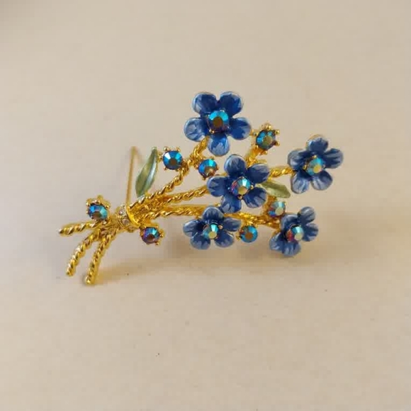 Vintage Gold-Tone Blue Enamel Forget-me-not Bouquet Brooch - Picture 4 of 9